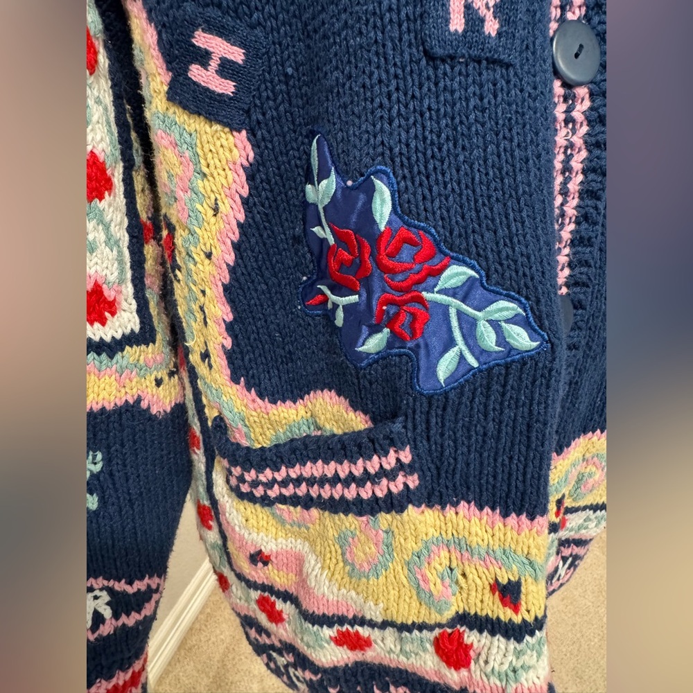 Vintage Together! Colorful Navy Knit Embroidered Cardigan Sweater w/ Pockets - Picture 6 of 15